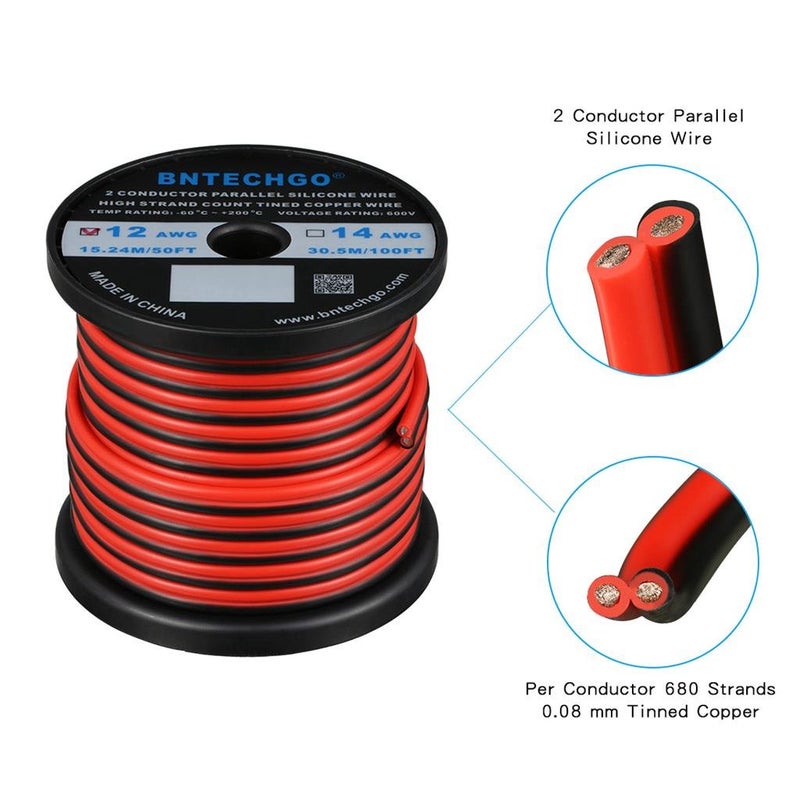 BNTECHGO 12 Gauge Flexible 2 Conductor Parallel Silicone Wire Spool Red Black High Resistant 200 deg C 600V for Single Color LED Strip Extension Cable Cord,Model,50ft Stranded Tinned Copper Wire - Image 2